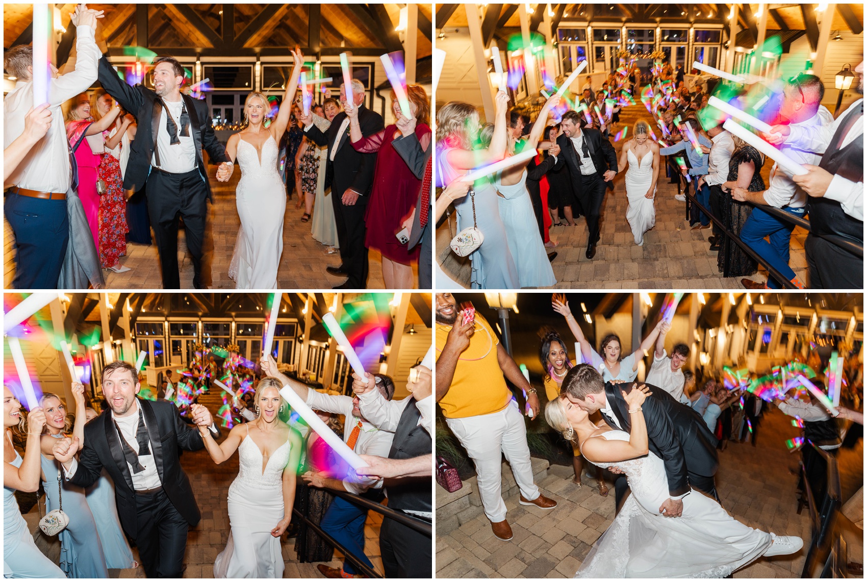 Four images of newlyweds celebrating under glow sticks held by guests exiting their Swan Lake Overlook Wedding