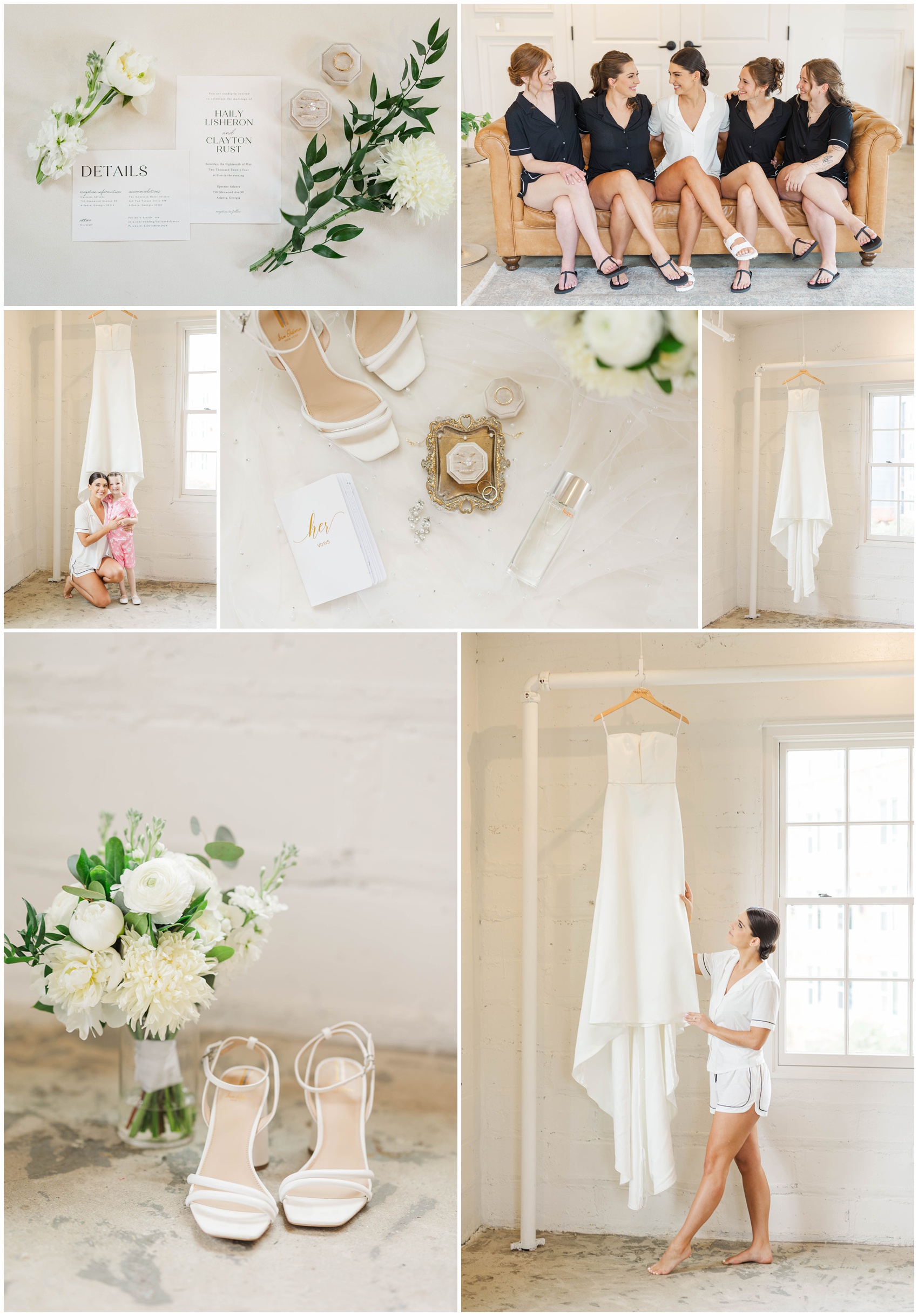 Bridal details of rings, bouquet and shoes with dress hanging and bride on couch with bridesmaids