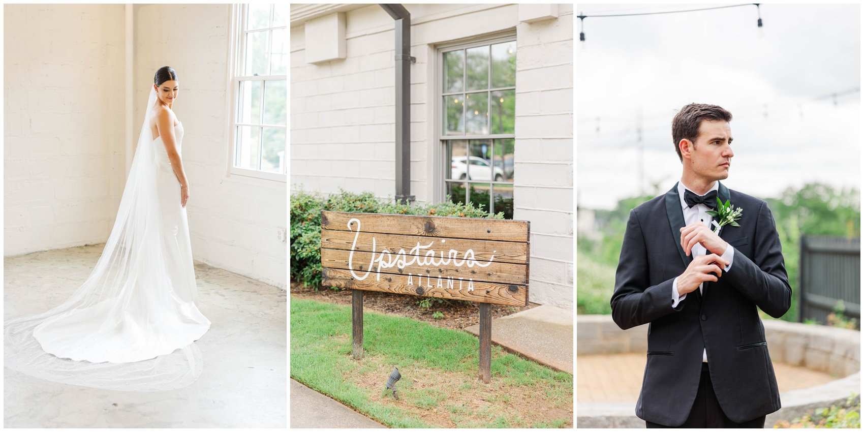 Newlyweds getting ready next to the wooden Upstairs Atlanta wedding venue sign