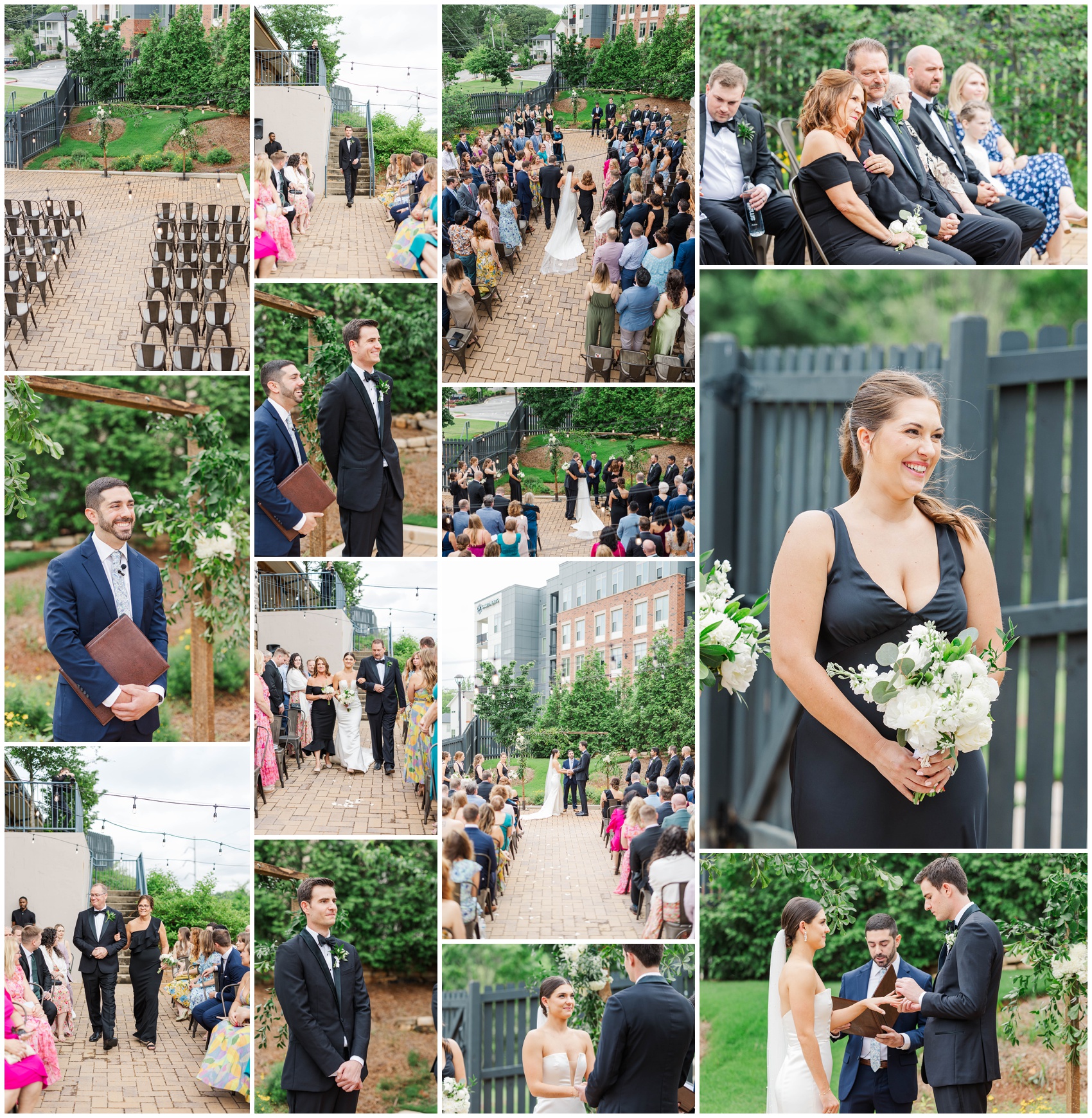 A collage of images from a beautiful Upstairs Atlanta wedding ceremony in the back patio