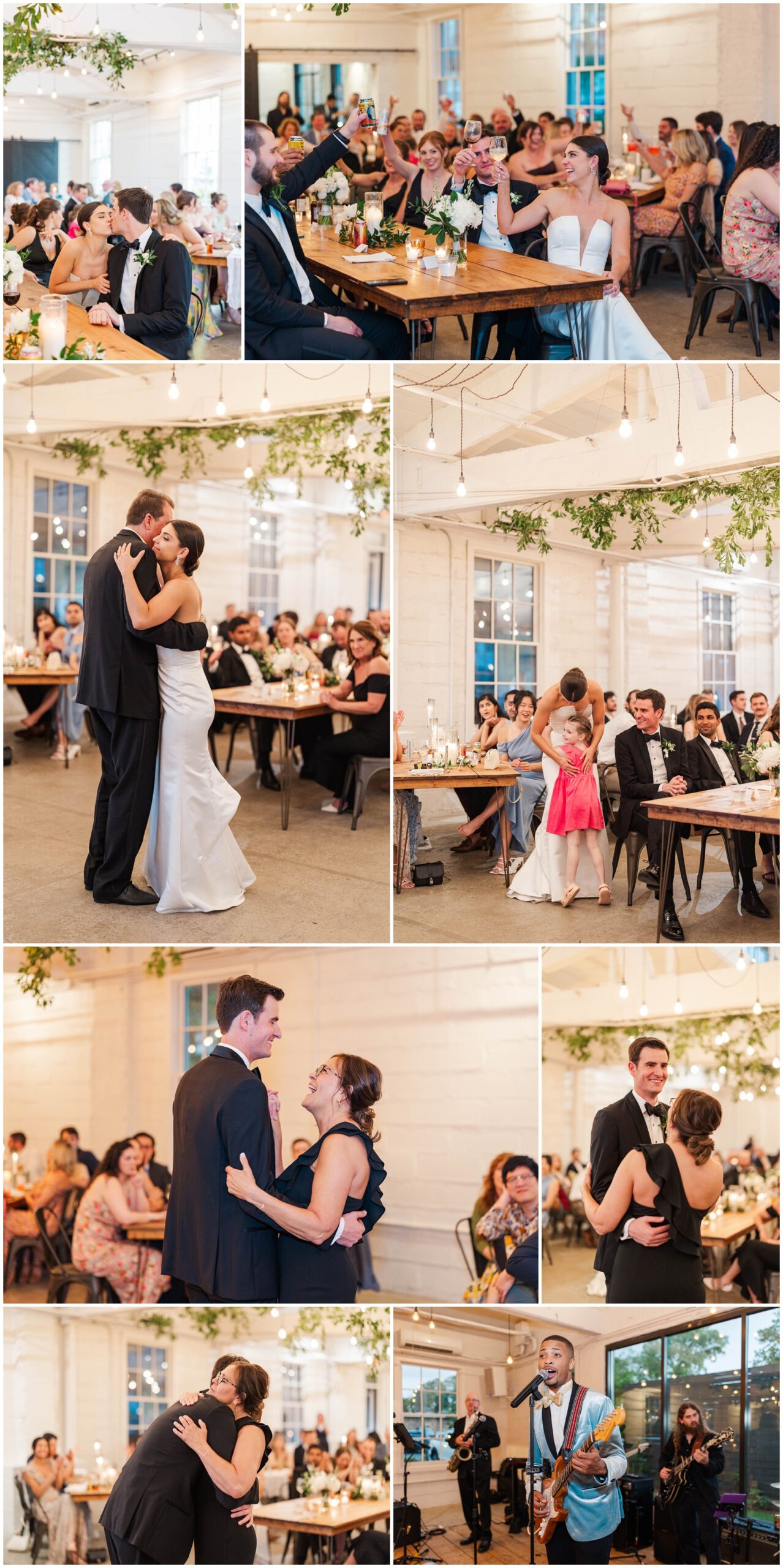 A collage of images from dances with mom and dad at an Upstairs Atlanta wedding reception