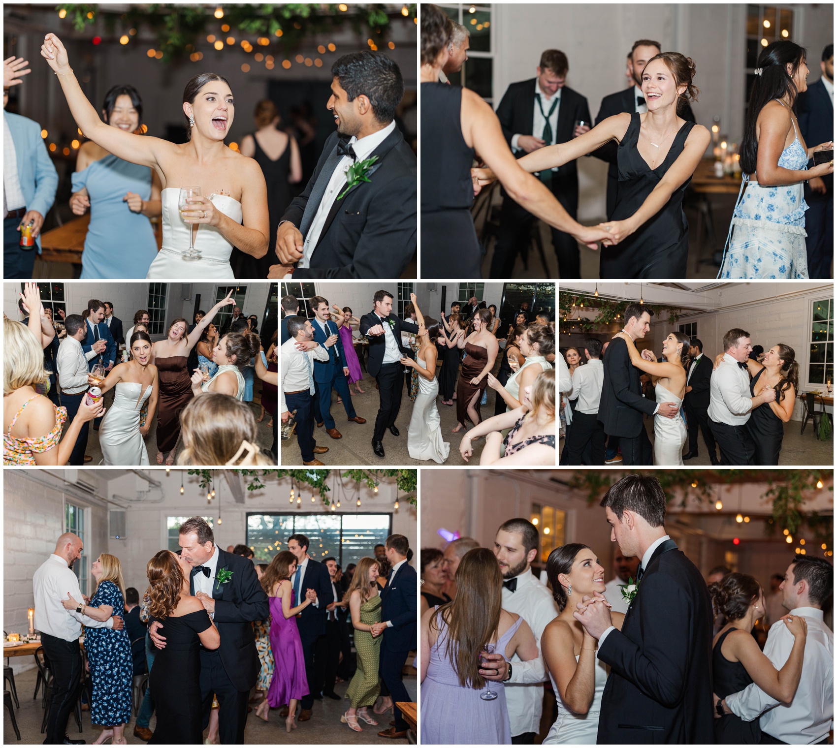 Newlyweds and guests dance in a collage at a fun Upstairs Atlanta wedding reception