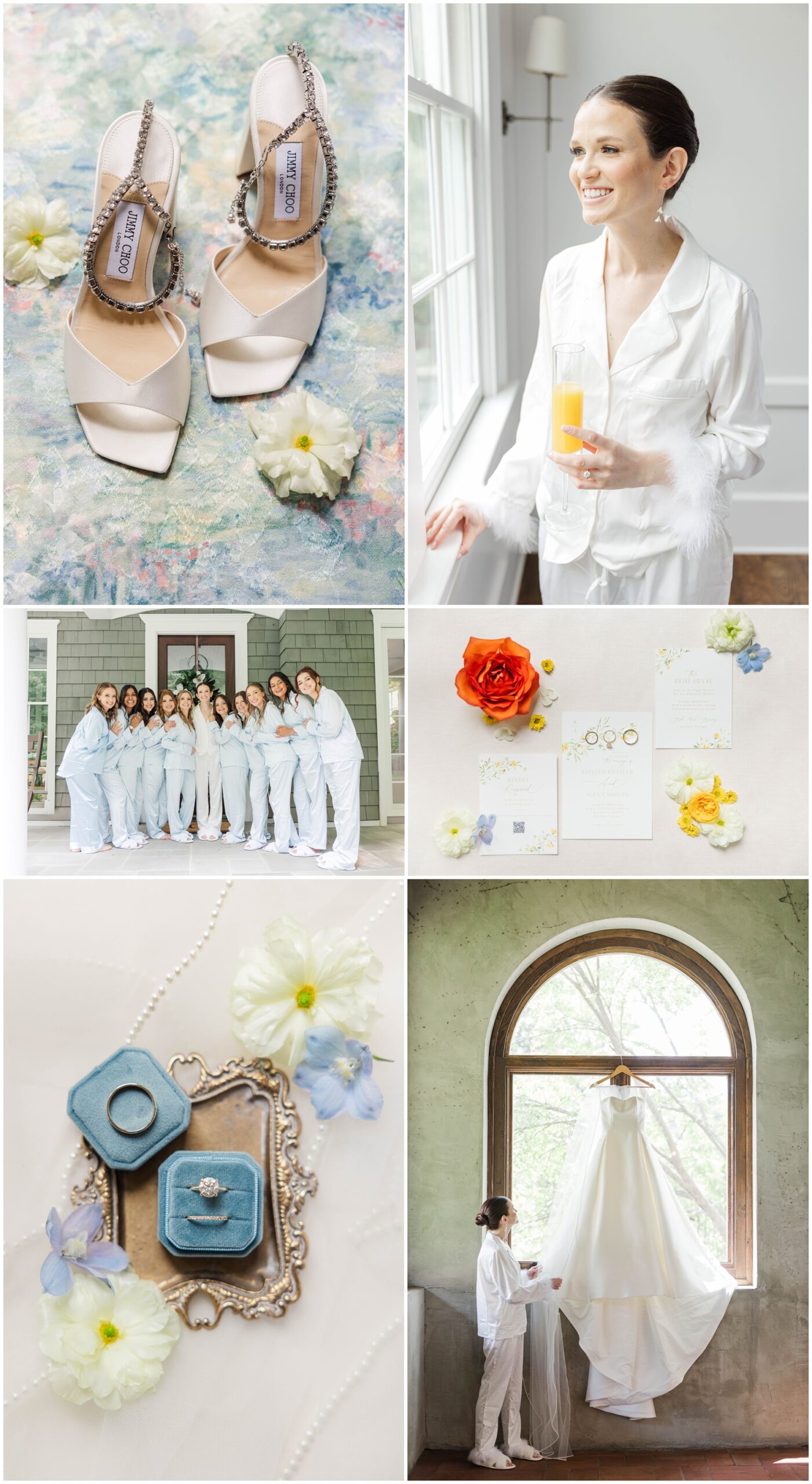 Details from a bride and her getting ready while admiring her dress hanging in a window