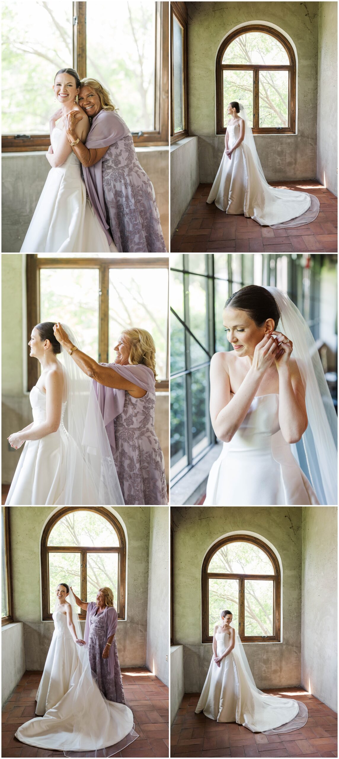 A bride prepares with her mom in the stunning windows of the Summerour Studio wedding venue