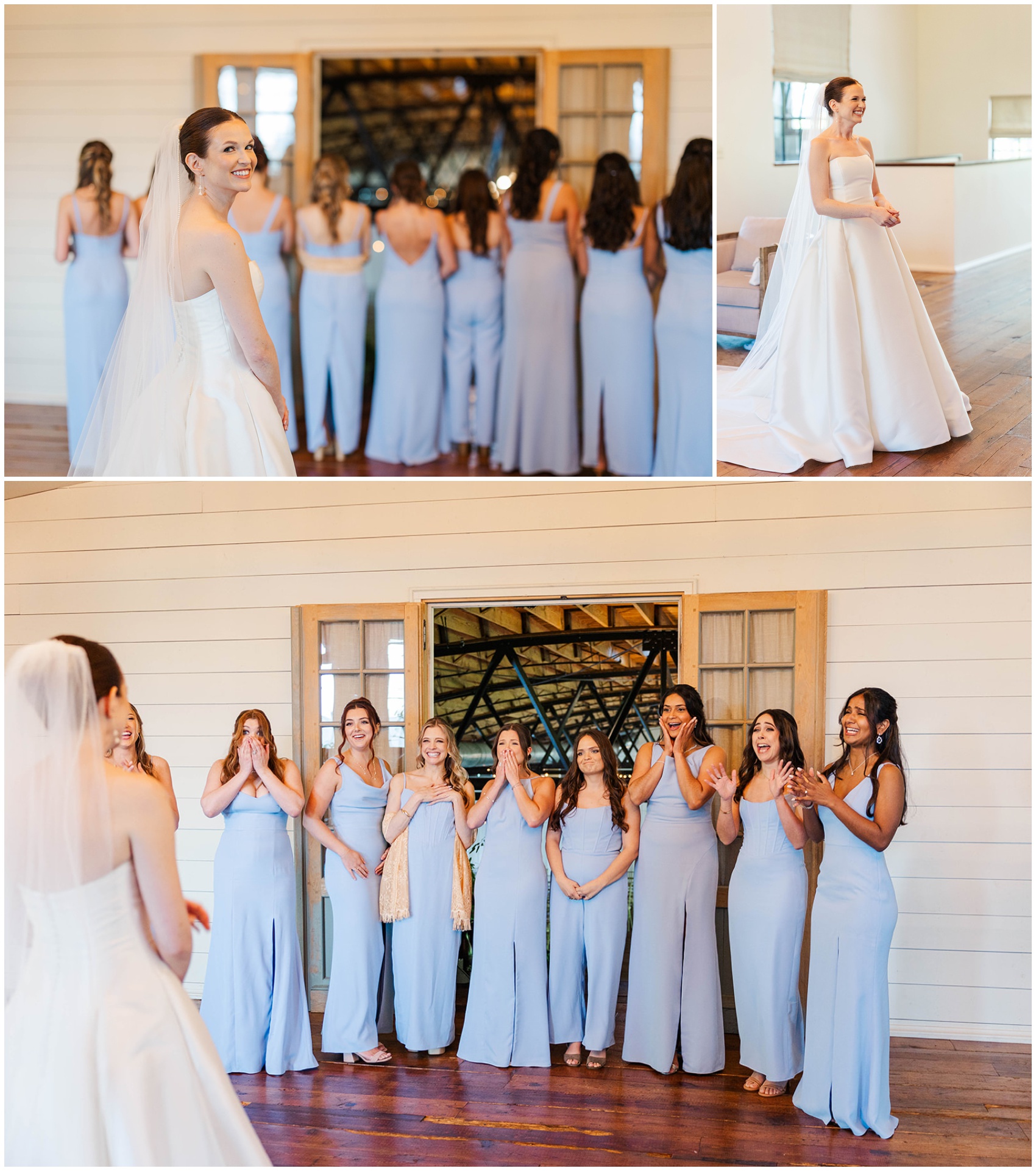 A collage of the happy bride getting ready to show off her dress to her bridesmaids for their first look