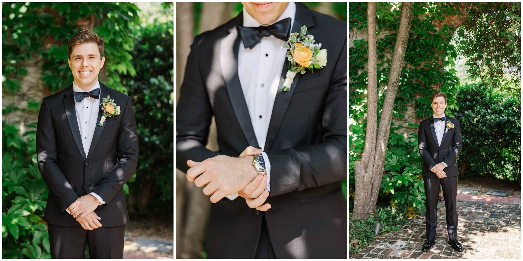 A groom stands smiling in a garden and adjusts his watch