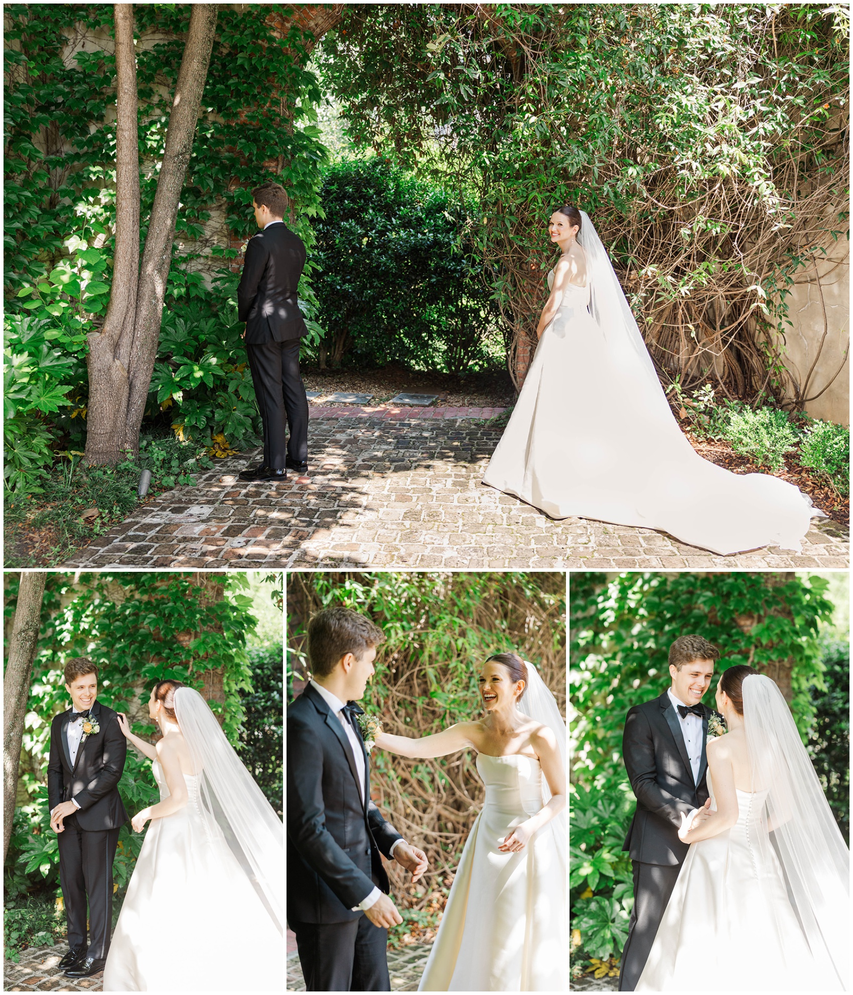 A collage of images from a bride and groom's first look in an ivy covered garden