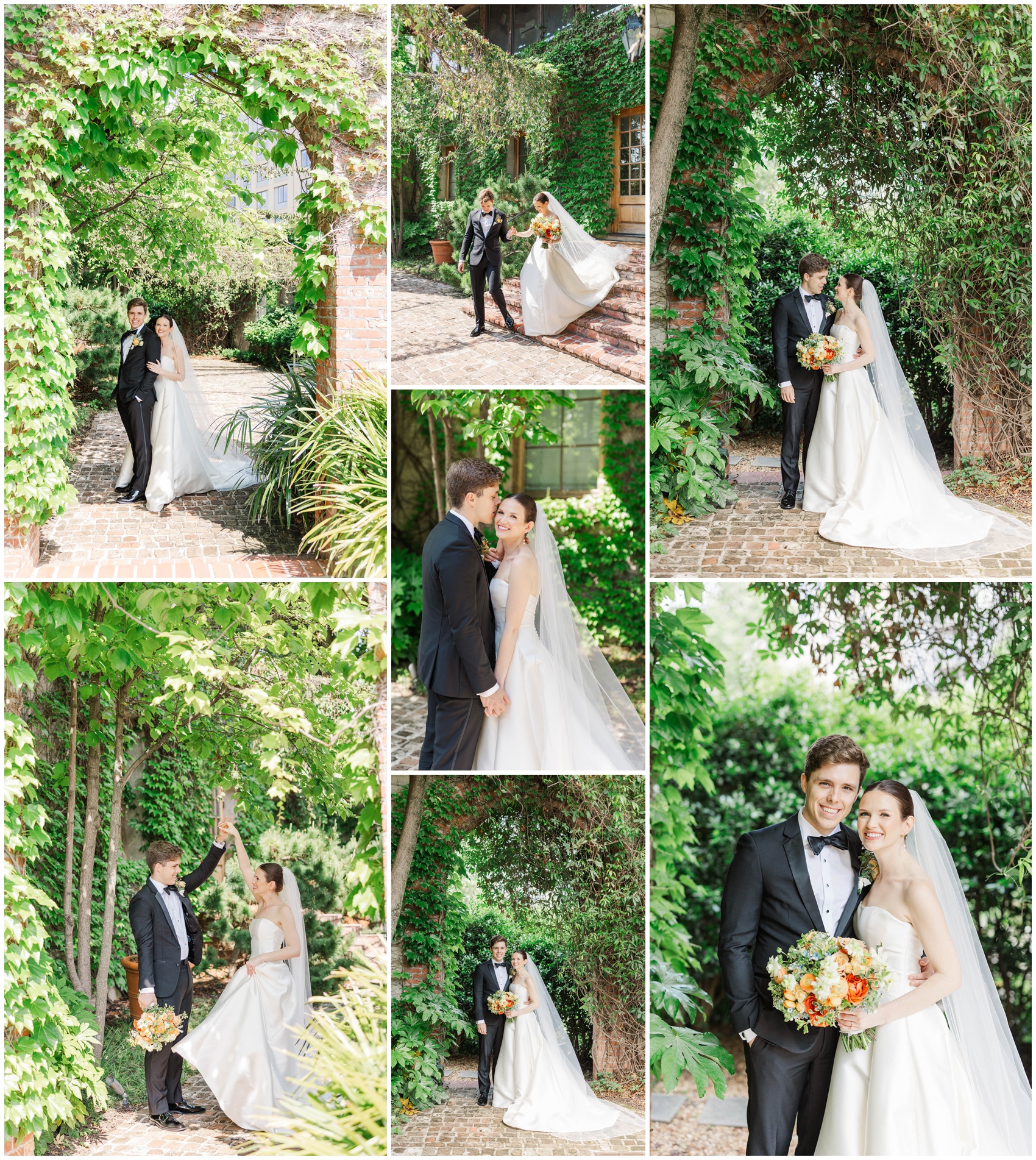 A bride and groom dance, snuggle and laugh around the ivy covered patios of the Summerour Studio wedding venue