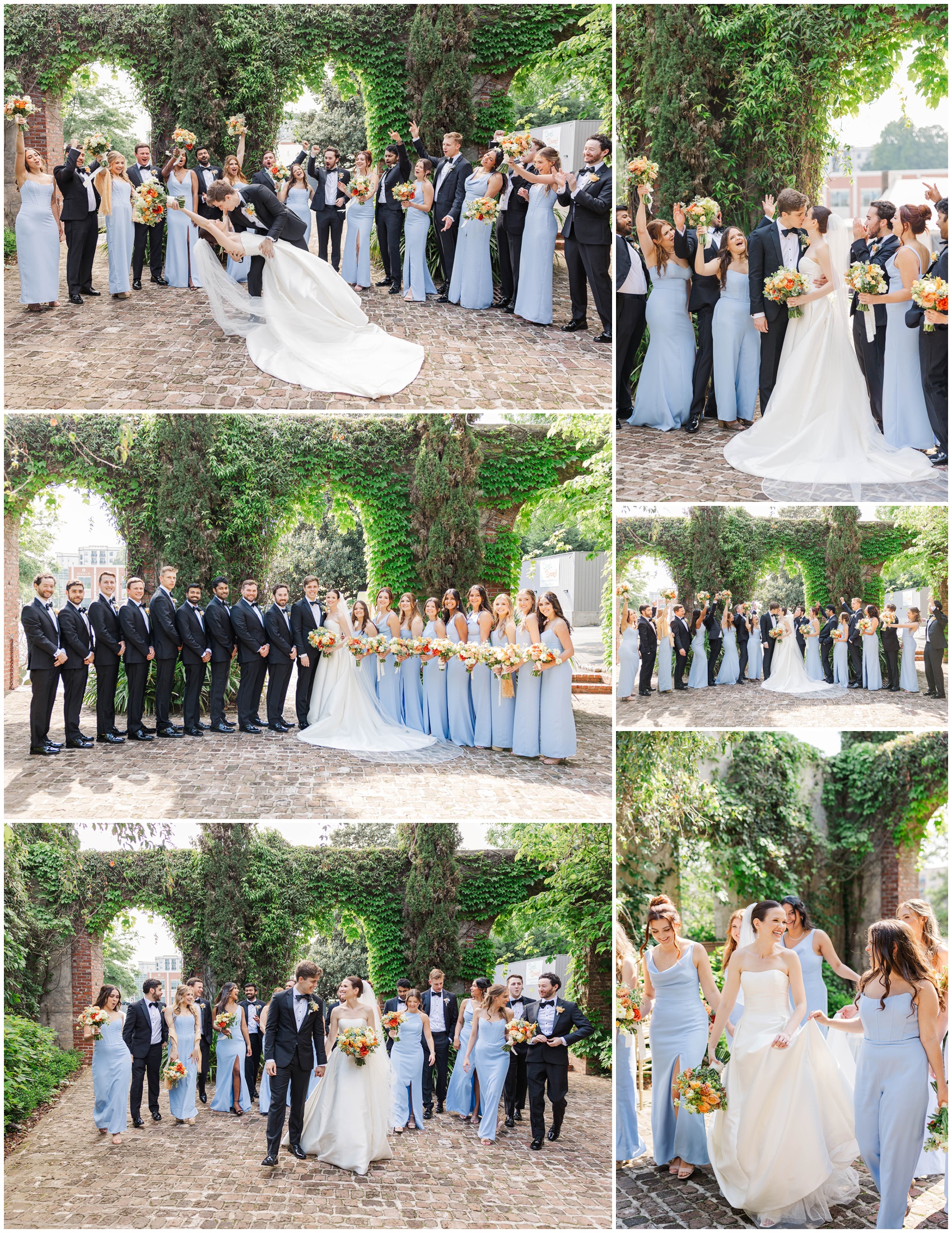 Newlyweds kiss and laugh with their wedding party during their Summerour Studio wedding