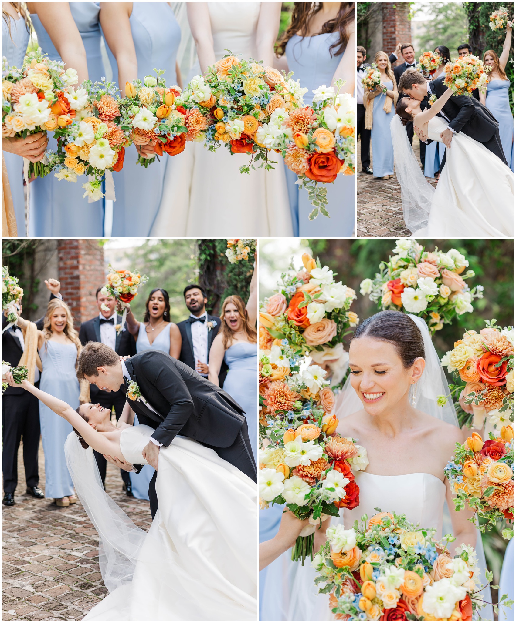 A groom dips his bride for a kiss while surrounded by wedding party and flowers