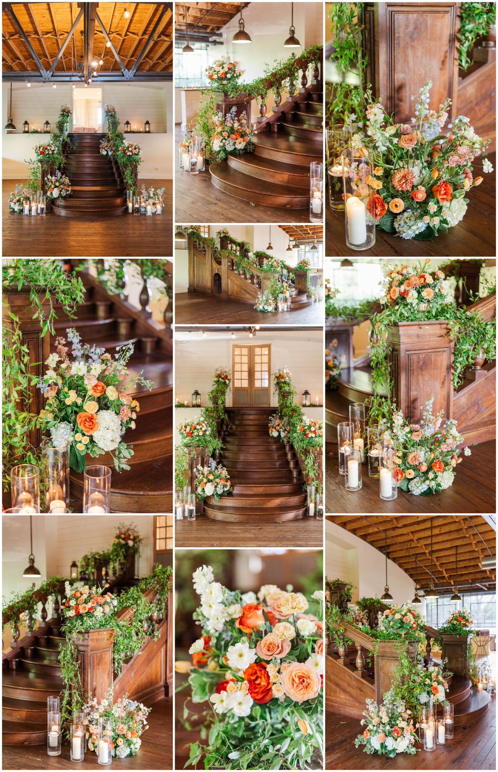 Details of florals decorating the stunning Summerour Studio wedding venue