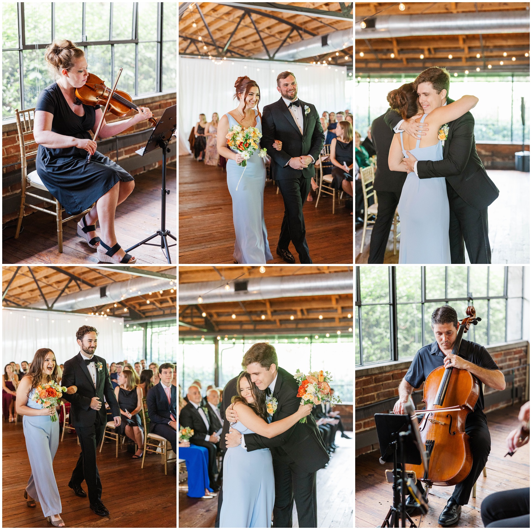 A collage of images from a wedding ceremony as the wedding party walks up to live strings players