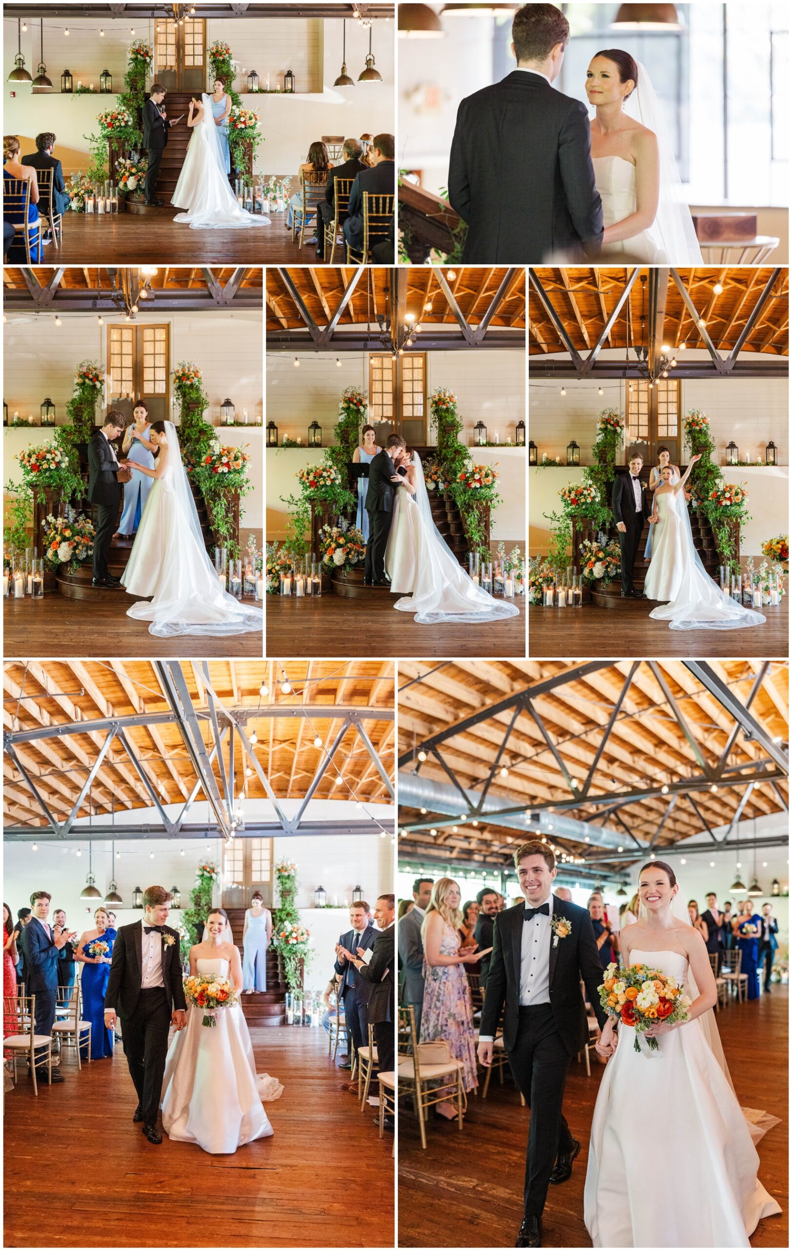 A collage of images of a Summerour Studio wedding ceremony indoors at the altar and walking back up the aisle