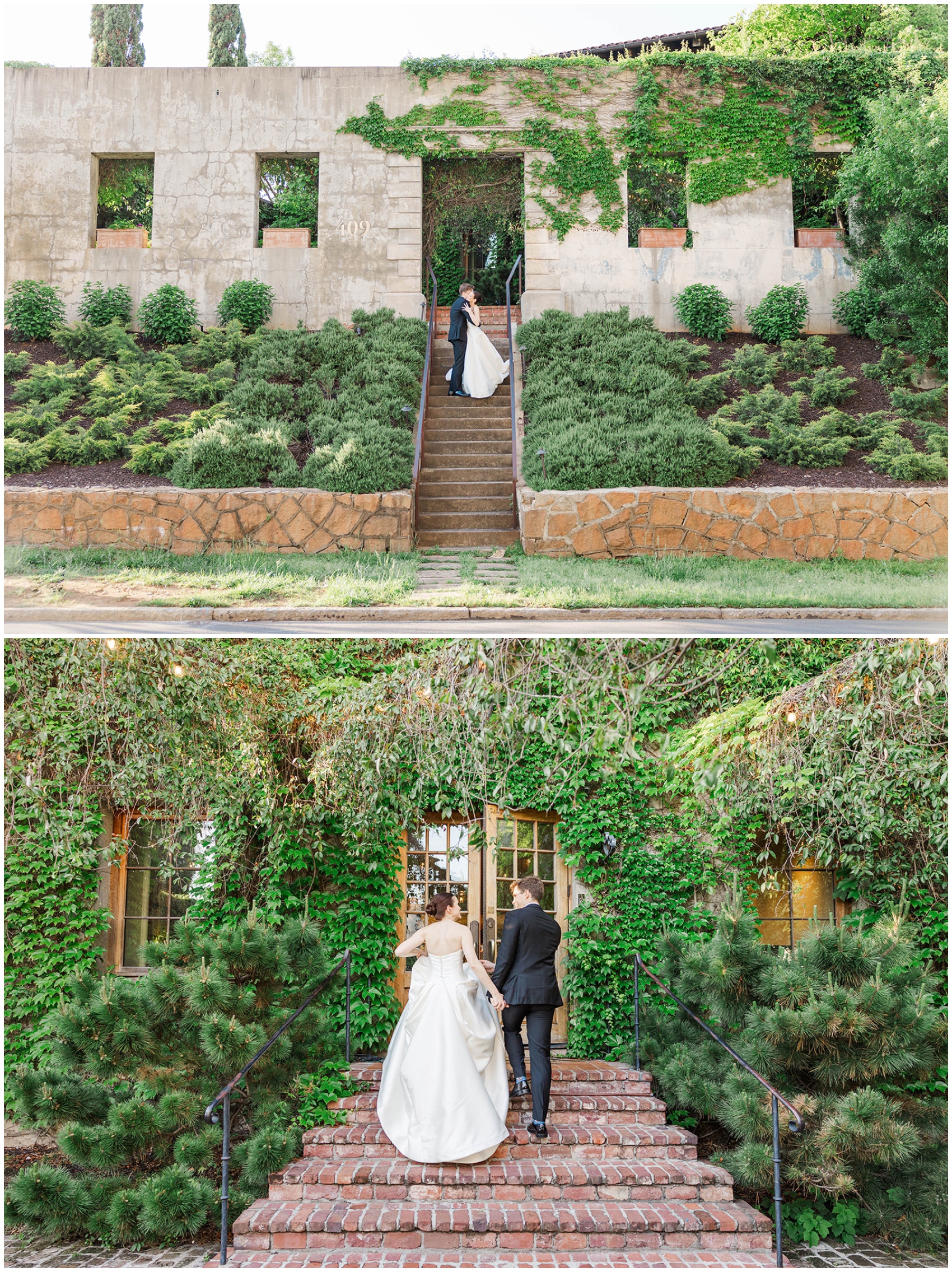 Newlyweds kiss and hold hands while exploring the grounds of the Summerour Studio wedding venue
