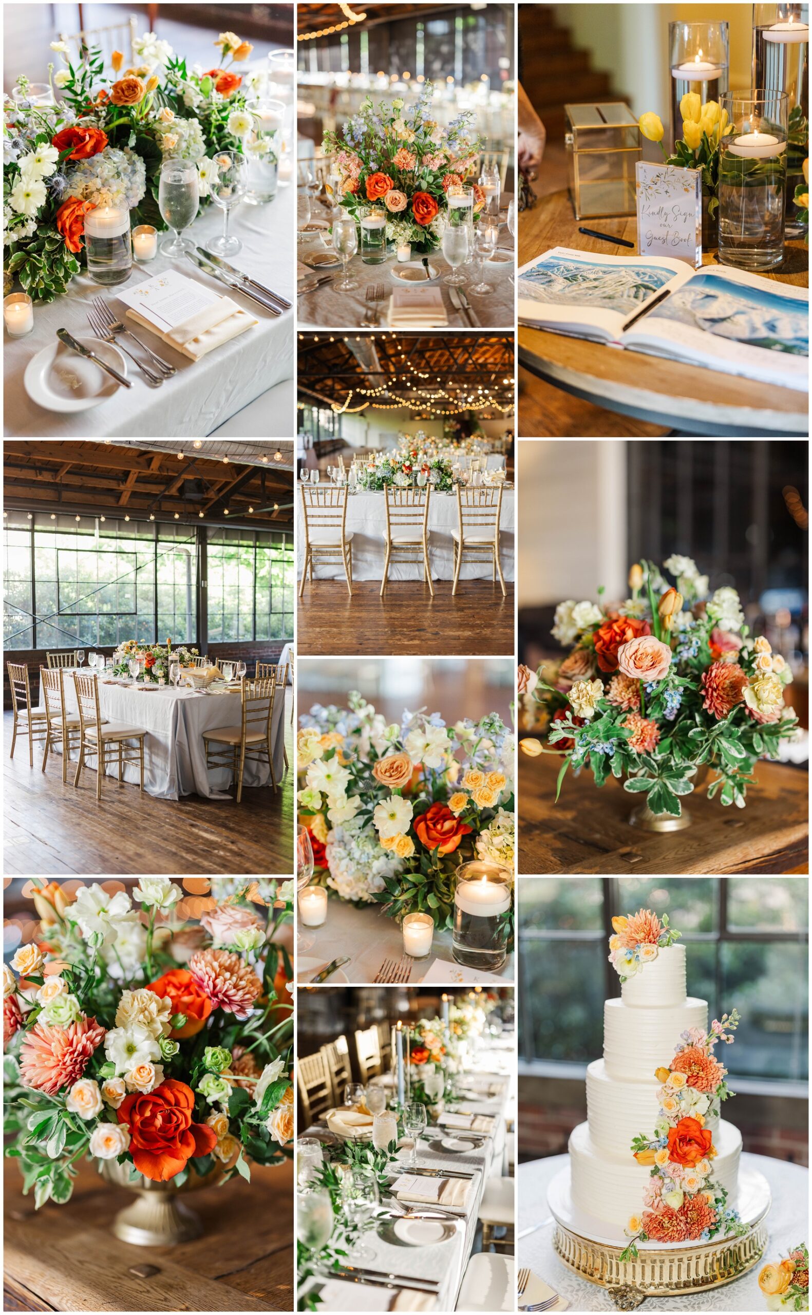 A collage of details from a Summerour Studio wedding reception with florals and silver cutlery and gold chairs