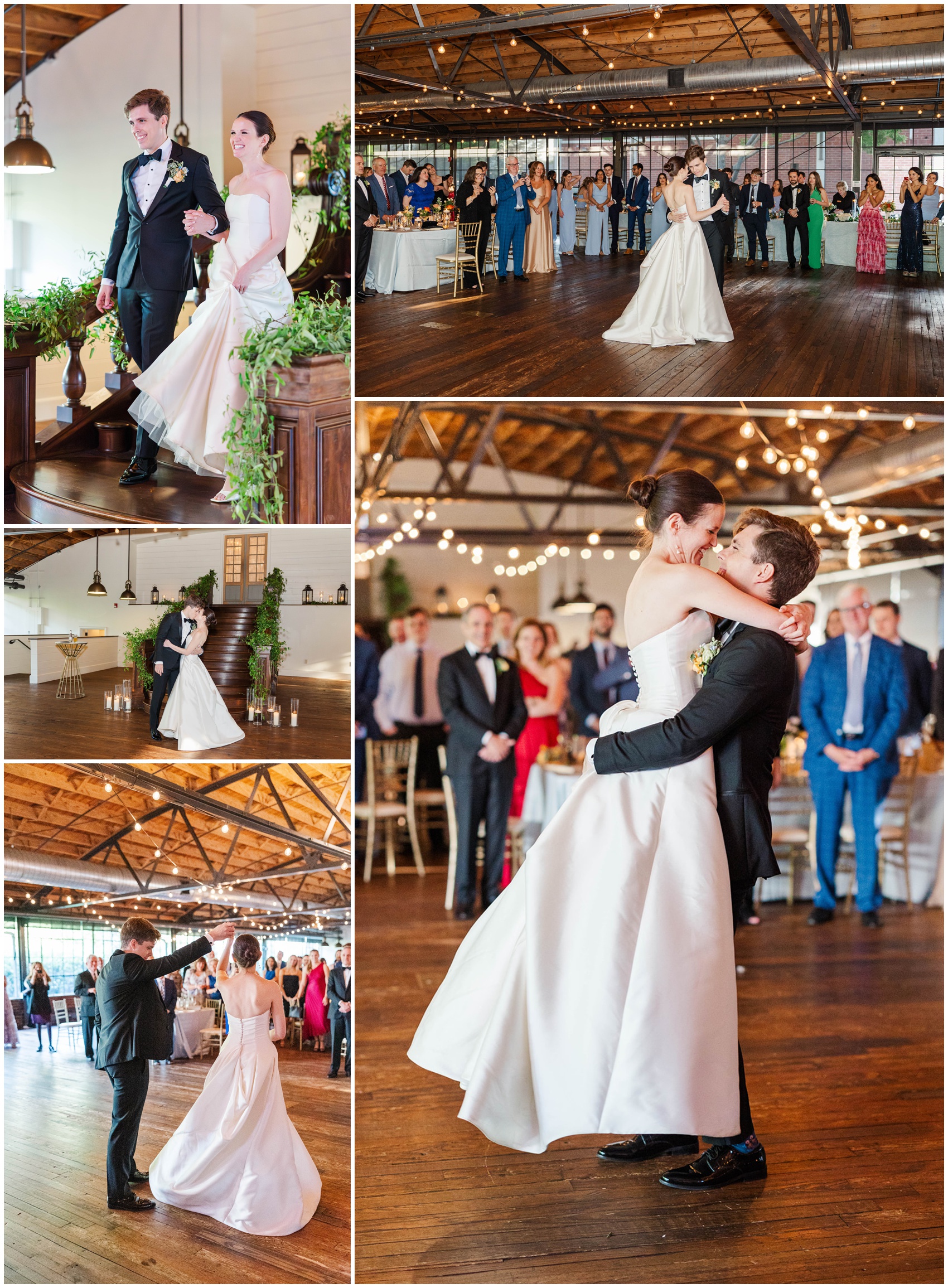 Newlyweds smile big during their first dance with twirls and lifts