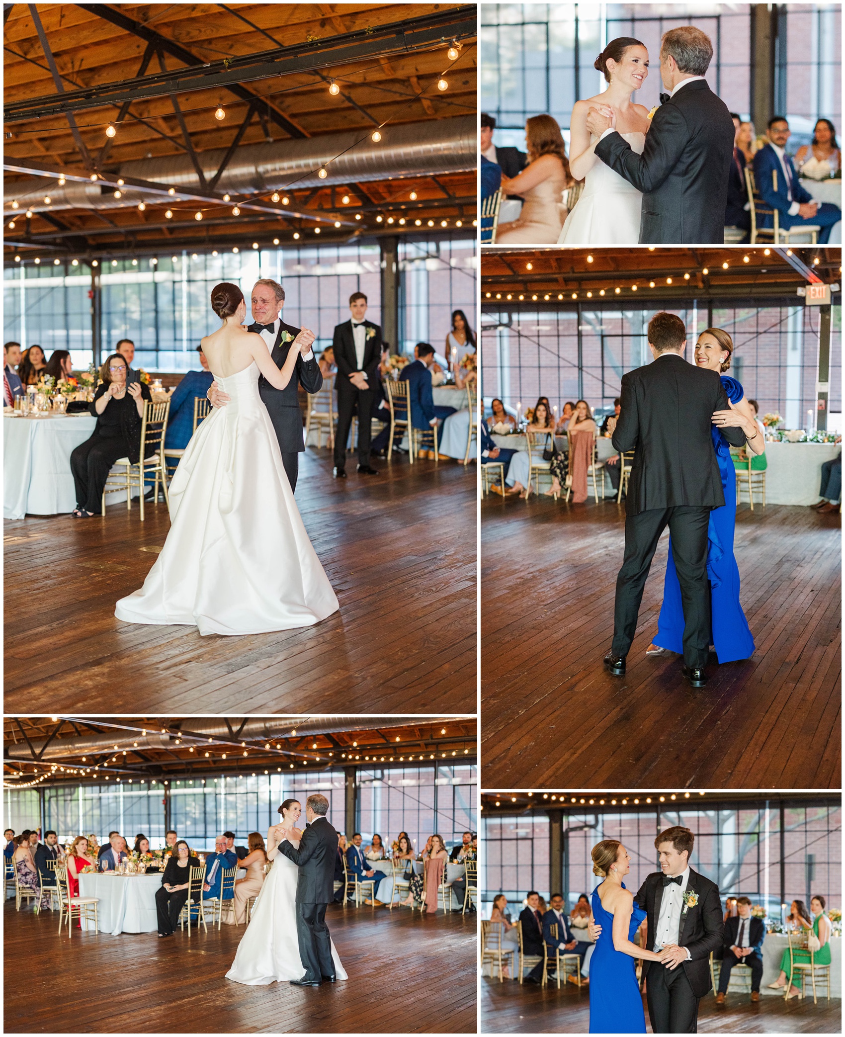 A collage of images from the first dances on the wooden dance floor of a Summerour Studio wedding reception