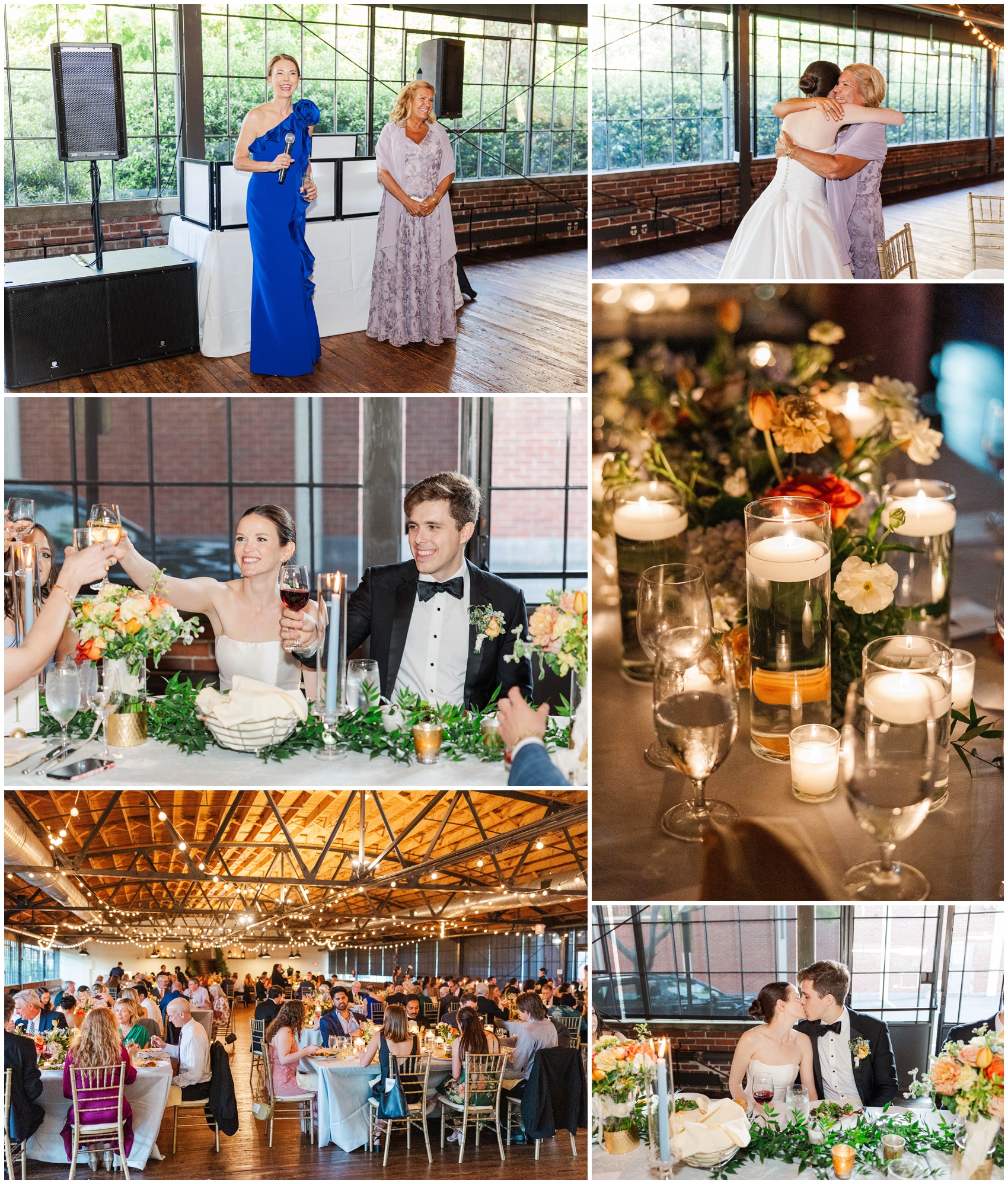 A collage of images from a Summerour Studio wedding reception with candles, flowers and happy guests