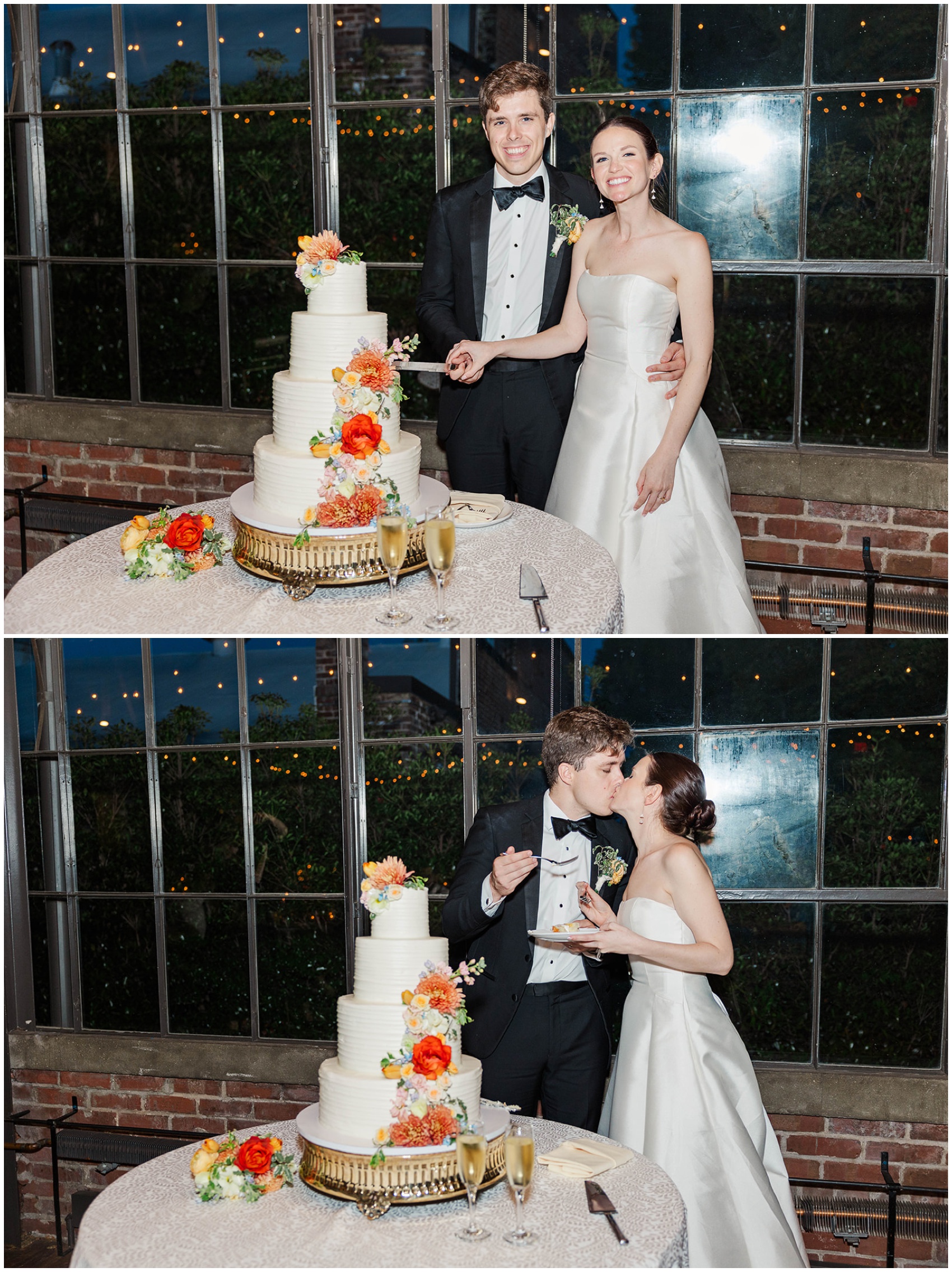 A bride and groom smile and kiss while cutting their four tier cake with colorful flowers