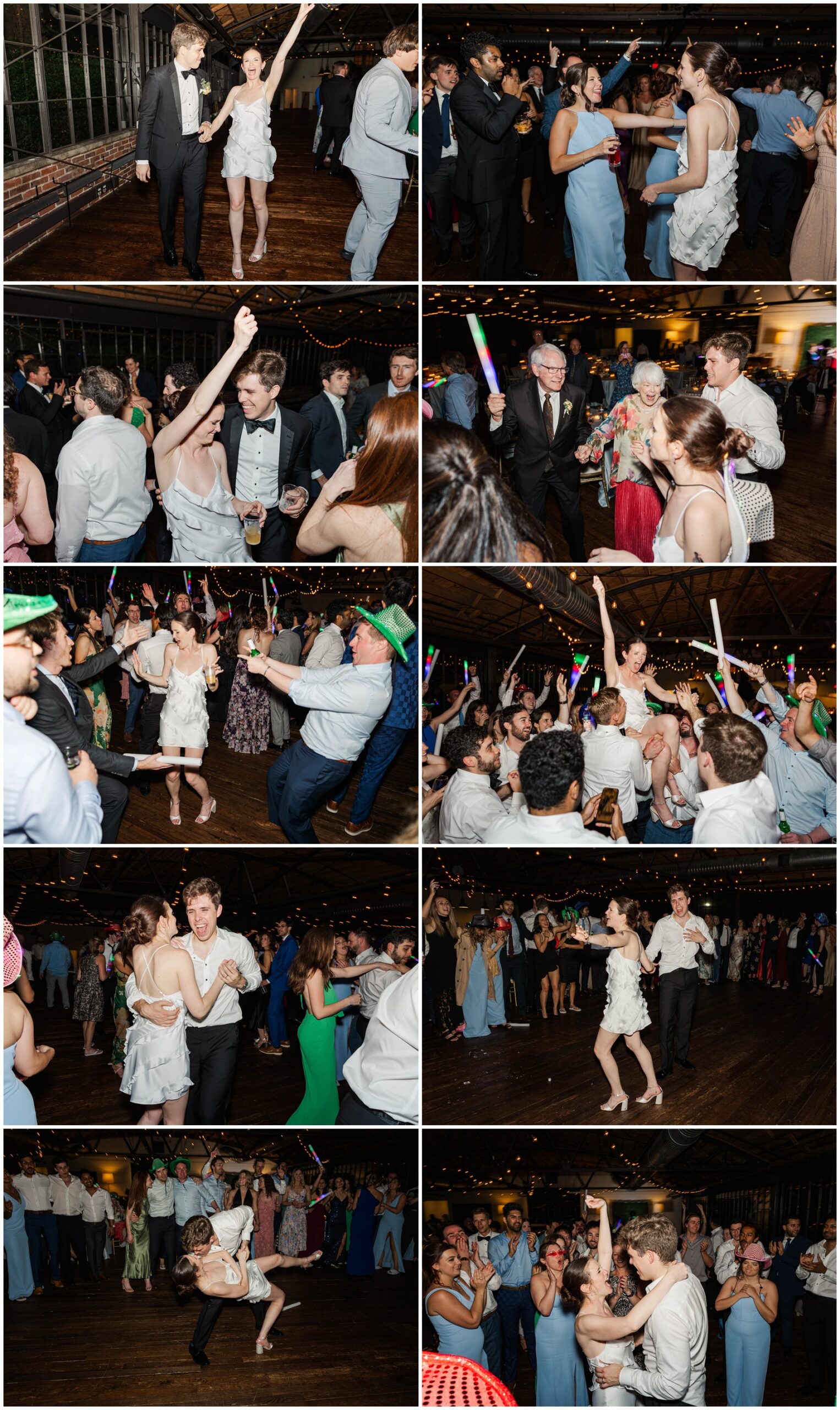 A collage of images of the bride and groom dancing with their guests at their Summerour Studio wedding reception