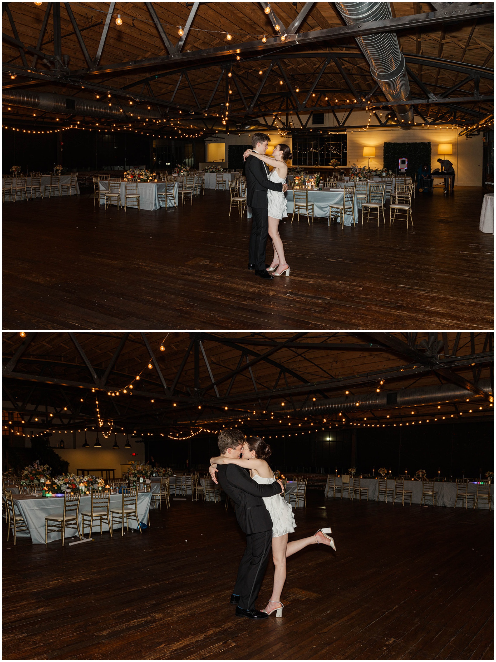 Newlyweds dance and kiss in their empty reception space at the Summerour Studio wedding venue