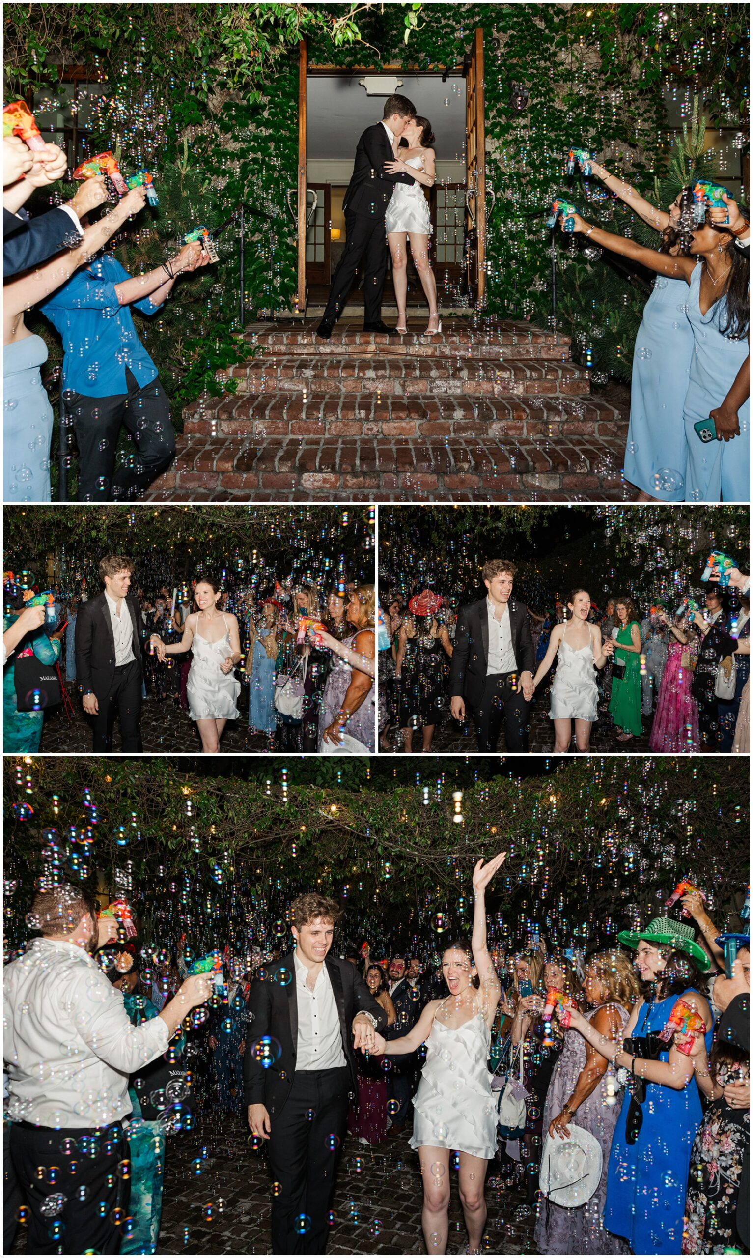 Newlyweds kiss and celebrate exiting their wedding under a shower of bubbles from guests