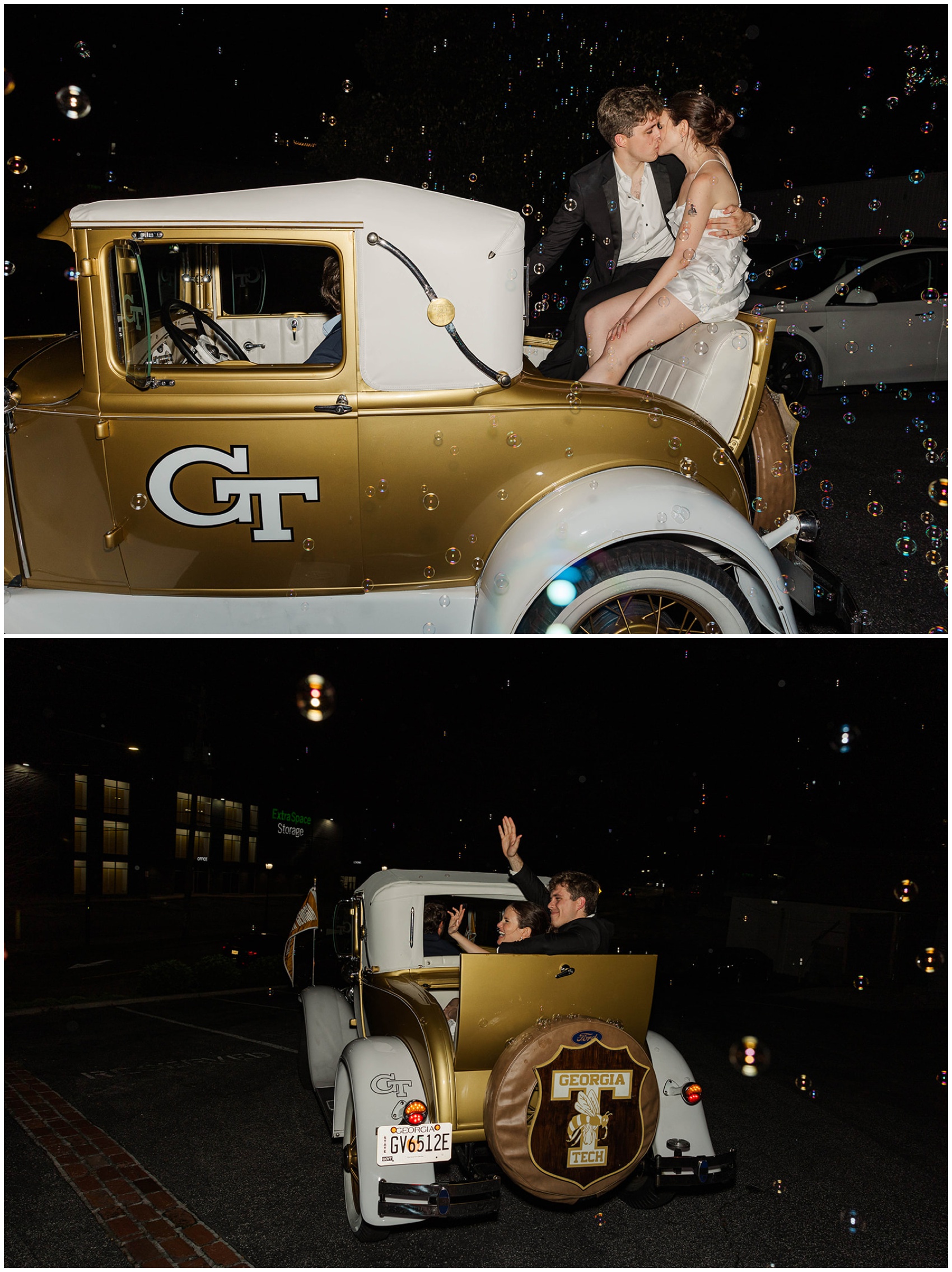 A bride and groom kiss and wave in the back of a Georgia Tech branded vintage car under a shower of bubbles